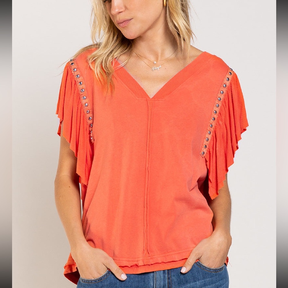 Women's Coral V-Neck Pleat Sleeve Top